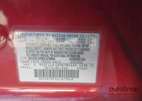 2016 Nissan Versa 1.6 S/1.6 S+/1.6 Sl/1.6 Sv z USA, uszkodzony, nr VIN 3N1CN7AP5GL870068